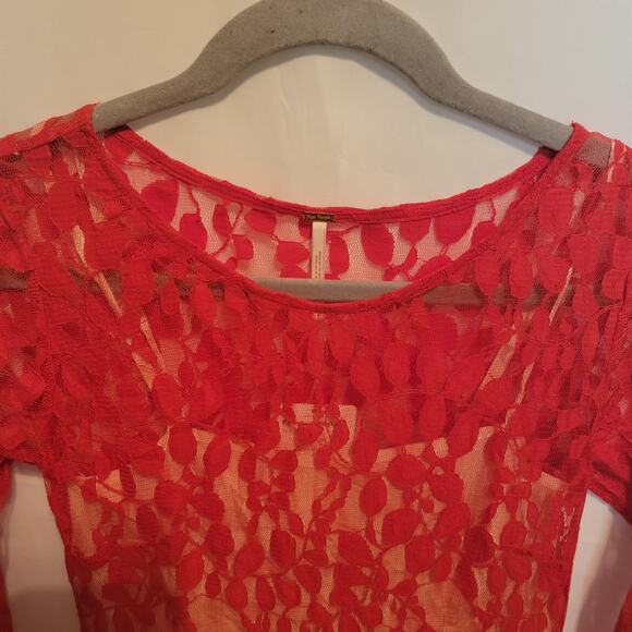 Free People Cherry Red Floral Mesh Lace 3/4 Sleeve Mini Bodycon Dress Size 0 - Picture 5 of 12